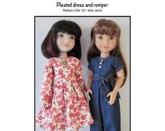 PDF Pleated dress and romper sewing pattern fits 12" slim dolls, such as Siblies