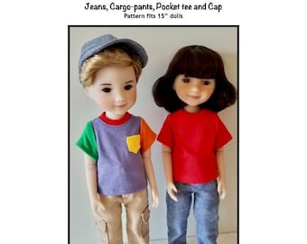 PDF Jeans, Cargo-pants, Pocket tee and Cap sewing pattern fits 15" dolls, such as Ruby Red Alex