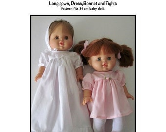 PDF Long gown, dress, bonnet, and tights pattern fits 34 cm baby dolls, such as Minikane