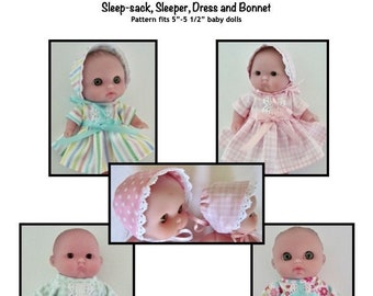 PDF Sleep-sack, sleeper, dress, bonnet pattern fits 5"-5 1/2" baby dolls