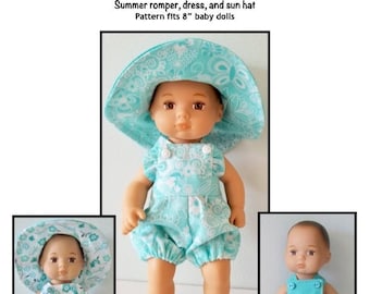 PDF Summer romper, dress and sun hat pattern fits 8" baby dolls, such as Little Bitty Baby