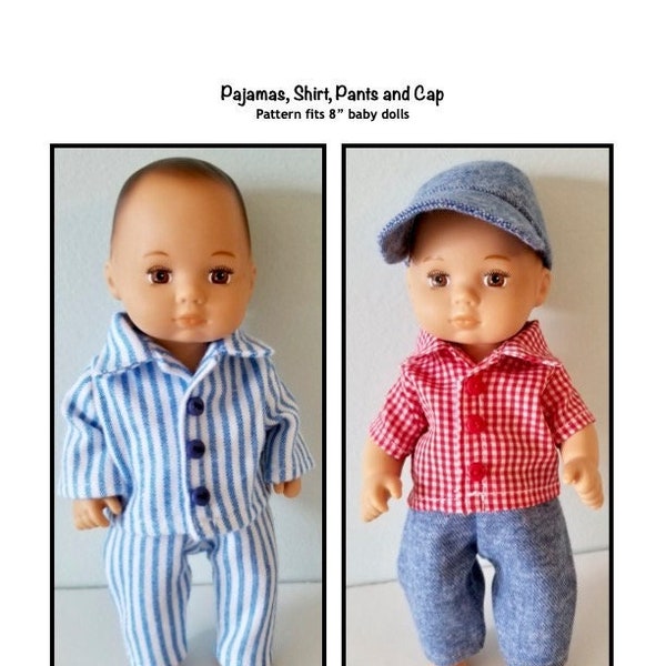 PDF Pajamas, shirt, pants and cap sewing pattern fits 8 inch baby dolls