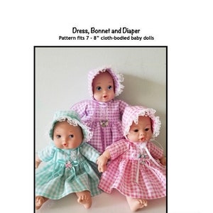 PDF Dress, bonnet and diaper pattern fits 7-8" cloth bodied baby dolls