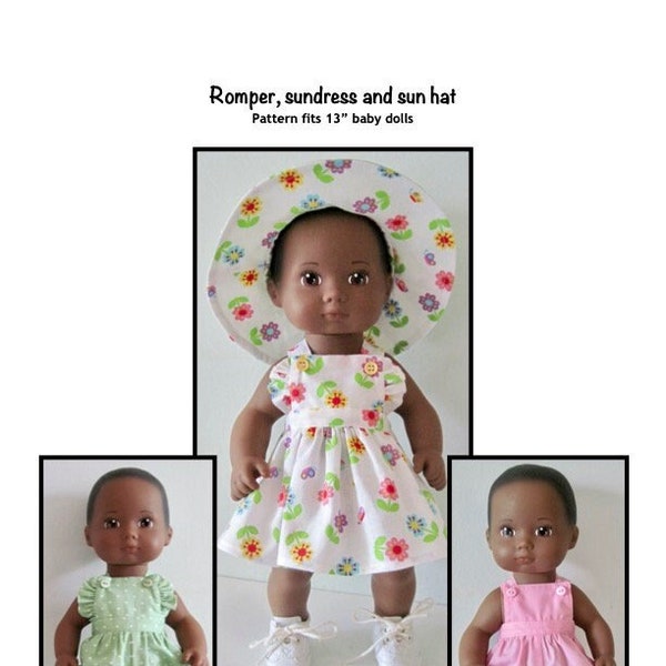 PDF Romper, sundress and sun hat pattern fits 13" baby dolls, such as Bitty Baby Splash