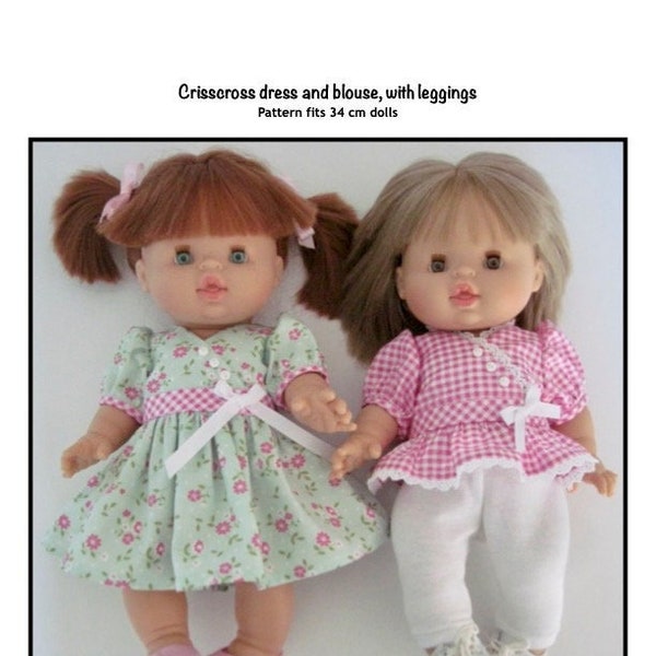 PDF Crisscross dress, blouse and leggings sewing pattern fits 34 cm dolls, such as Minikane