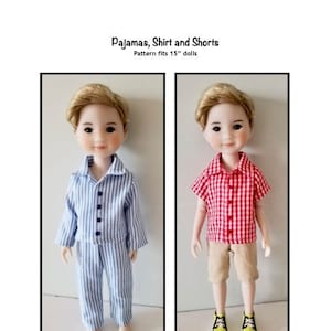 May include: A pattern for making pajamas, a shirt, and shorts for 15-inch dolls. The doll is wearing a blue and white striped pajama set and a red and white gingham shirt with khaki shorts.