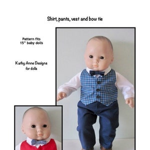 PDF Shirt, vest,  pants, and bow tie sewing pattern fits 15" baby dolls, such as Bitty Baby