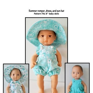 PDF Summer romper, dress and sun hat pattern fits 8" baby dolls, such as Little Bitty Baby