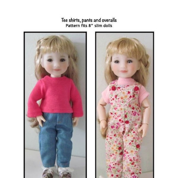 PDF Tee shirts, pants and overall sewing pattern fits 8" slim dolls, such as Mini-Sarah and Ten Ping