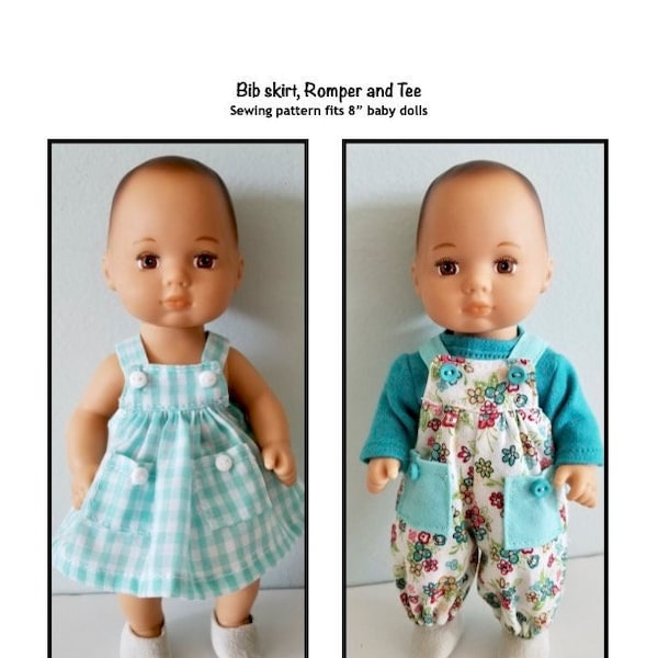 PDF Bib skirt, romper and tee sewing pattern fits 8" baby dolls, such as Caring for Baby