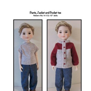 May include: A doll wearing a grey t-shirt with a pocket, blue jeans, and brown shoes. The doll is also wearing a grey and red jacket with buttons. The text "Pants, Jacket and Pocket tee" and "Pattern fits 14 1/2:-15" dolls" is visible at the top of the image. The text "Kathy Anne Designs for dolls" is visible at the bottom of the image.