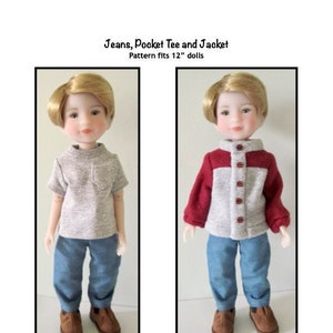Puede incluir: Dos muñecas con pantalones vaqueros, una camiseta gris con bolsillo y una chaqueta gris con mangas rojas. La muñeca de la izquierda lleva la camiseta y la muñeca de la derecha lleva la chaqueta. El patrón es para muñecas de 30 cm. Jeans, Pocket Tee and Jacket. Kathy Anne Designs for dolls.