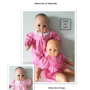 Puede incluir: Dos muñecas bebés con peleles rosas. Uno tiene lunares blancos, el otro es rosa liso. La imagen incluye el texto "Basic Rompers" y "Pattern fits 38 cm baby dolls."