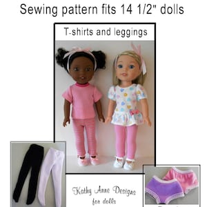 May include: Sewing pattern for making clothes for 14 1/2 inch dolls. The pattern includes instructions for making t-shirts, leggings, tights, and panties. The image shows two dolls wearing the finished garments.
