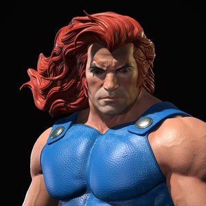 May include: A 3D render of a muscular character with flowing red hair and a serious expression. The figure is clad in a blue, textured chest piece with silver studs. The dark background accentuates the character's physique and features.