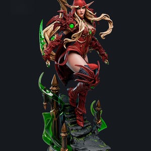 May include: A detailed figurine of a blonde elf warrior wearing red armour with green accents, a hooded cape, and pointed ears. The character stands on a stone staircase base decorated with green translucent energy effects and gold-coloured pillars.