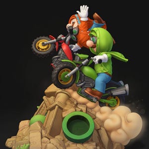 Può includere: Una statuetta da collezione che raffigura due personaggi con giacche con cappuccio in sella a moto da cross su un terreno roccioso con un tubo verde. Un personaggio indossa una giacca arancione e l'altro una verde, entrambi con occhiali protettivi.