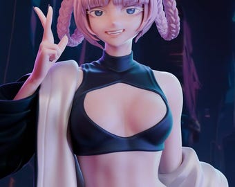 May include: A 3D-rendered anime-style figure with pink hair styled in braids and pigtails. The figure wears a black crop top and a white jacket. The figure is smiling and making a peace sign with their fingers.