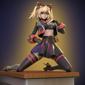 May include: A detailed figurine of an anime-style character in a dynamic pose. The figure wears a black and red outfit with a short skirt, jacket, and thigh-high boots. The character has blonde hair, red eyes, and is posed on a wooden surface.