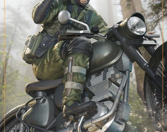May include: A figure in military fatigues and a blue headband rides a motorcycle through a forest. The figure holds a rifle. The motorcycle is olive green and has a large headlight.