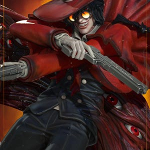 May include: A detailed illustration of a character in a red coat and hat, holding two silver pistols. The character has yellow-tinted glasses and a sinister grin. The background features a dark, textured design with red eyes.
