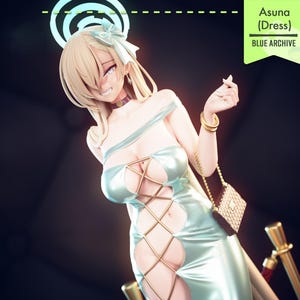 May include: A figurine of a woman in a light blue dress with gold accents. The dress has a crisscross design and cutouts. The figurine has blonde hair, a halo, and a small purse. Text on the image reads "Asuna (Dress) BLUE ARCHIVE."