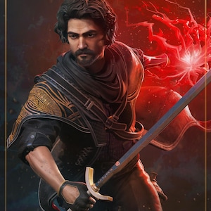 Puede incluir: Ilustración digital de un hombre con cabello oscuro y barba, sosteniendo una espada. Viste una armadura negra y dorada con una bufanda. Un efecto de energía roja es visible en el fondo, sugiriendo un tema de fantasía o acción.