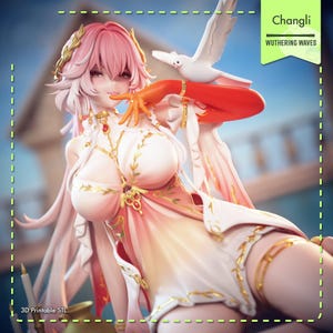 May include: A detailed figurine of a character with pink hair and a white and pink outfit, adorned with gold accents. The figure is holding a white dove. The text "Changli" and "Wuthering Waves" are visible.