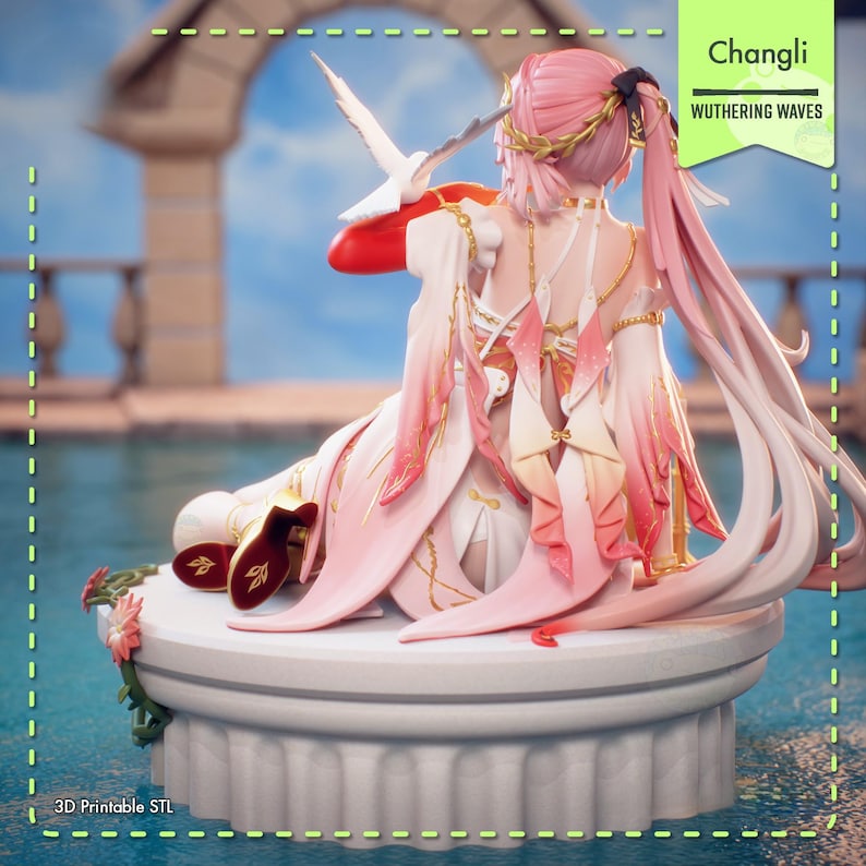 May include: A detailed figurine of a character with pink hair and a white and pink dress, holding a white dove. The figure is seated on a white pedestal with floral accents, with the text "Changli Wuthering Waves" and "3D Printable STL".