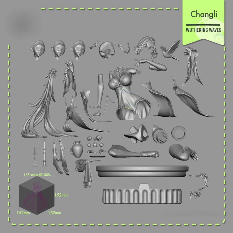 May include: A disassembled grey figurine set with various components, including a torso, head, and flowing fabric pieces. The set includes a base and the text "Changli Wuthering Waves". The cube is 15.2cm on each side.