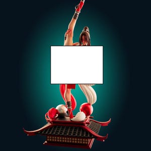 May include: A collectible figurine of a character with dark hair tied in a high ponytail, wearing red and white attire. The figure is posed with one leg extended upward, standing on a base designed like a traditional red and black roof structure.