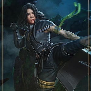 May include: Digital artwork of a person in a futuristic black and gold outfit, mid-kick. The figure has a focused expression. The background shows a dark, mountainous landscape with green accents, creating a dramatic scene.