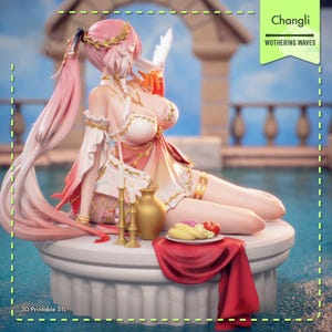 May include: A detailed figurine of a character with pink hair and a white and pink dress, holding a white dove. The figure is seated on a white pedestal with a red cloth, a gold vase, and a plate of fruit. Text on the image reads "Changli Wuthering Waves" and "3D Printable STL".