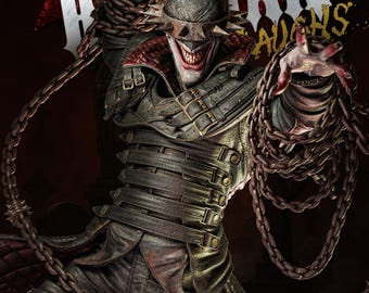 May include: A detailed 1:6 scale statue of a character from "Batman Who Laughs". The figure is clad in a dark, textured outfit with chains, a spiked helmet, and a menacing grin. The background is a dark red with the words "Batman Laughs".