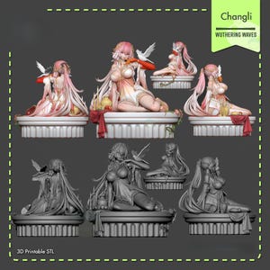 May include: A selection of 3D printable STL files showcasing anime-style figurines. The figures are in different poses, some with doves, on decorative platforms. The colour scheme includes pink, white, and gold. The text "Changli" and "Wuthering Waves" is displayed.