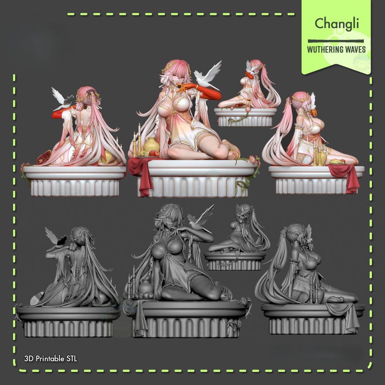 May include: A selection of 3D printable STL files showcasing anime-style figurines. The figures are in different poses, some with doves, on decorative platforms. The colour scheme includes pink, white, and gold. The text "Changli" and "Wuthering Waves" is displayed.