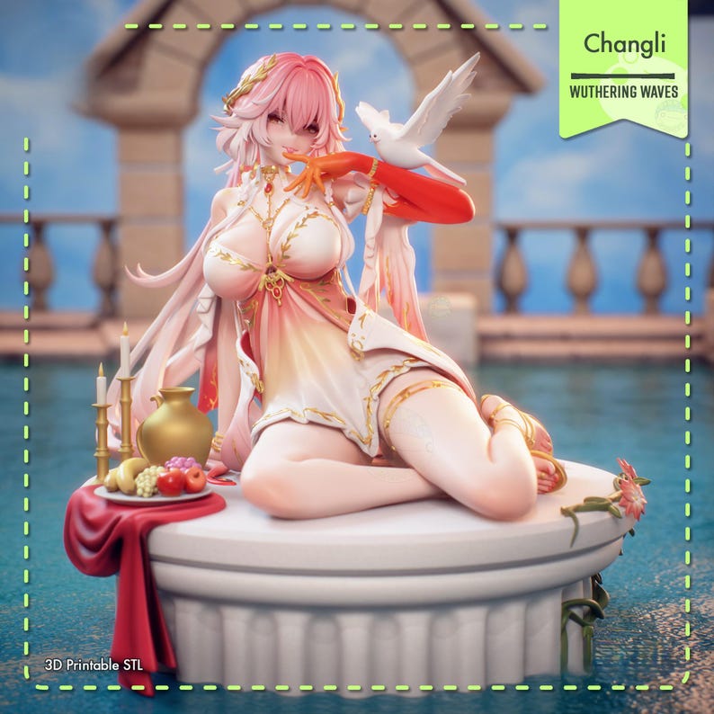 May include: A 3D-printed figurine of a female character with pink hair and a white and pink dress, holding a white dove. The figurine is seated on a white pedestal with a red cloth and a gold vase. The image includes the text "Changli" and "Wuthering Waves".