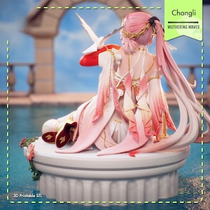 May include: A detailed figurine of a character with pink hair and a white dress, holding a white dove. The figure is seated on a white pedestal with floral accents, set against a backdrop of water and an archway. Text on the image reads "Changli Wuthering Waves" and "3D Printable STL".