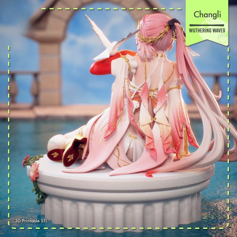 May include: A detailed figurine of a character with pink hair and a white dress, holding a white dove. The figure is seated on a white pedestal with floral accents, set against a backdrop of water and an archway. Text on the image reads "Changli Wuthering Waves" and "3D Printable STL".