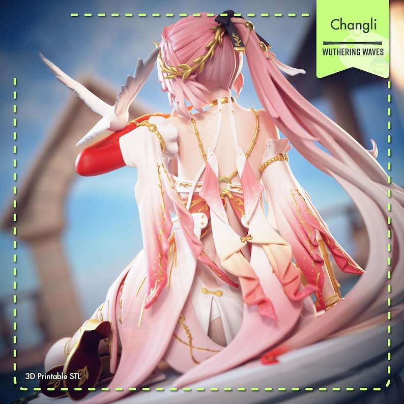 May include: A detailed figurine of a character from "Wuthering Waves" named Changli. The figure is predominantly pink and white, with gold accents and a dove. The text "Changli" and "Wuthering Waves" are visible. The words "3D Printable STL" are also visible.