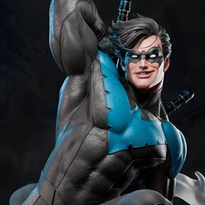 Può includere: Statua dettagliata in scala 1:6 di Nightwing, un supereroe DC Comics. La figura è in una posa dinamica, indossa un costume nero e blu. La statua presenta dettagli intricati ed è disponibile su Patreon.