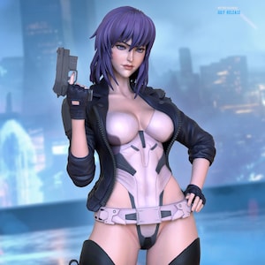 May include: A detailed figurine of a woman with purple hair, wearing a black jacket, gloves, and a futuristic bodysuit. She holds a silver handgun. The background is a blurred cityscape. Text in the upper right corner reads "JULY RELEASE."