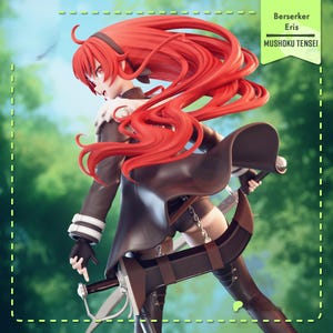 Puede incluir: Figura detallada de Eris de Mushoku Tensei, el Berserker. La figura presenta un largo cabello rojo y fluido, un atuendo negro y marrón y dos espadas. La figura se encuentra sobre un fondo verde borroso.