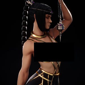 Op de afbeelding: Een beeldje van een personage met zwart haar in een hoge paardenstaart, met een gouden halsband en een zwarte outfit met gouden randen. Het personage houdt een zilveren ketting vast met een puntige, versierde hanger met paarse accenten.