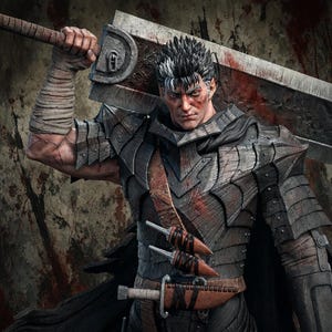 May include: A detailed figurine of a warrior with short black hair, wearing dark, weathered plate armour and a cape. The figure holds a massive, heavy metal sword over one shoulder and carries small daggers in leather sheaths on the chest.