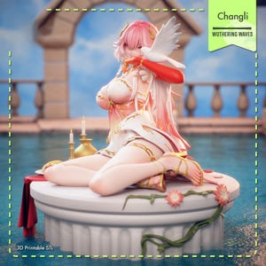 May include: A detailed figurine of a character from "Wuthering Waves" named Changli. The figure is in a seated pose on a white column, with a dove and red accents. The figure is wearing a white and gold outfit. The text "3D Printable STL" is visible.