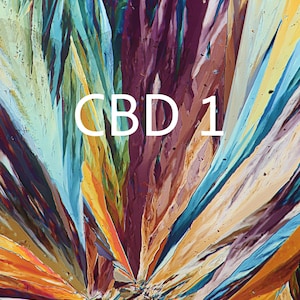 May include: Abstract image with a vibrant display of colors including blue, orange, yellow, and purple. The image has a crystalline structure with the text "CBD 1" in white.