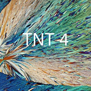 May include: Abstract image with a close-up view of a colorful, crystalline structure. The image features a blend of blue, green, and brown hues, with the text "TNT 4" in white across the center. The overall effect is reminiscent of a microscopic view of a mineral or chemical compound.