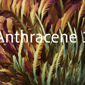 May include: Close-up of a colorful, abstract image with the text "Anthracene 1". The image features a complex pattern of feathery, crystalline structures in shades of brown, purple, and yellow, creating a textured appearance.