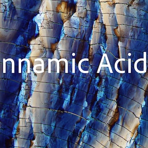 May include: Abstract image with a blue and brown textured pattern, resembling a geological formation. The words "Cinnamic Acid 1" are displayed in white across the image. The overall effect is a blend of natural and scientific aesthetics.